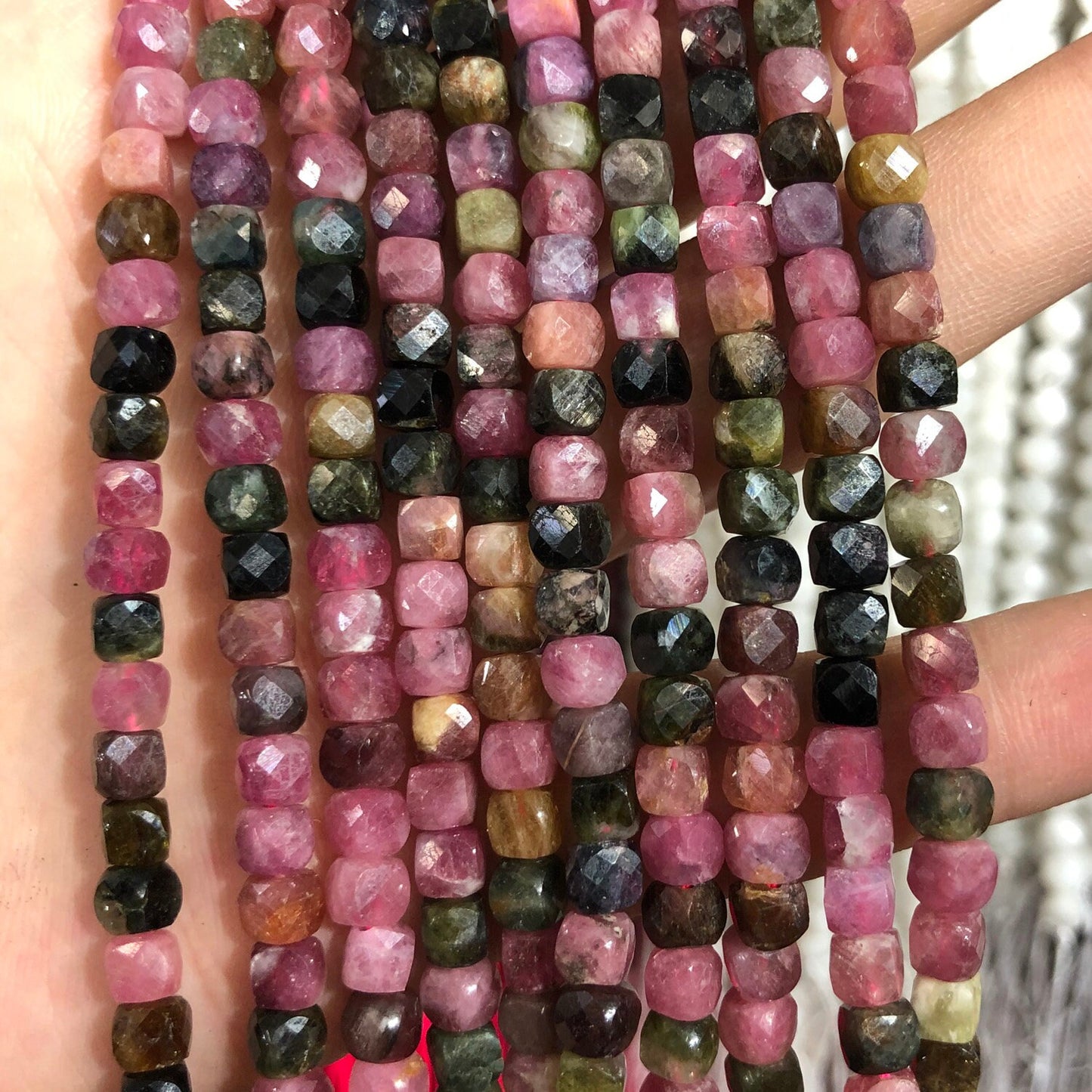 A+ Rainbow Tourmaline Cube Faceted Beads Natural Gemstone Beads  4mm-5mm 15''