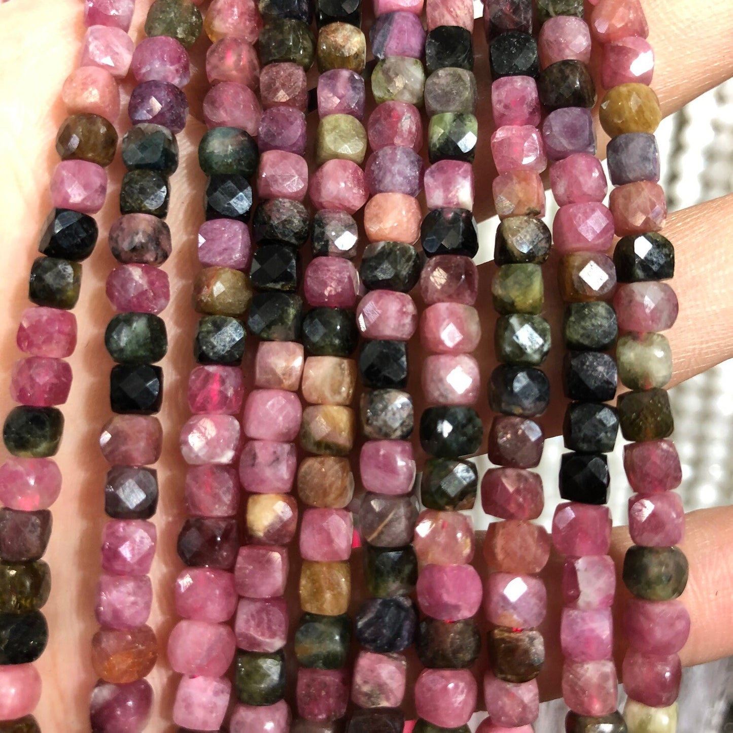 A+ Rainbow Tourmaline Cube Faceted Beads Natural Gemstone Beads  4mm-5mm 15''
