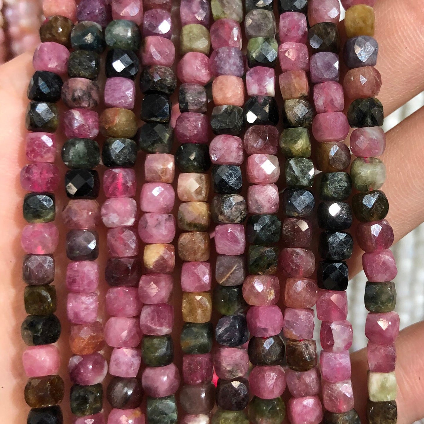 A+ Rainbow Tourmaline Cube Faceted Beads Natural Gemstone Beads  4mm-5mm 15''