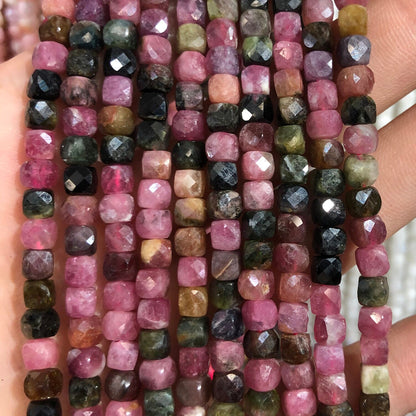 A+ Rainbow Tourmaline Cube Faceted Beads Natural Gemstone Beads  4mm-5mm 15''