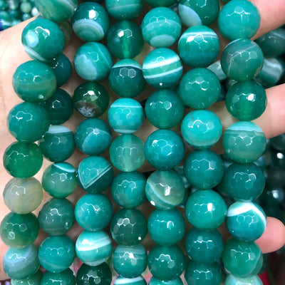 Perles à facettes en agate verte rayée 6 mm, 8 mm, 10 mm, 12 mm, 14 mm
