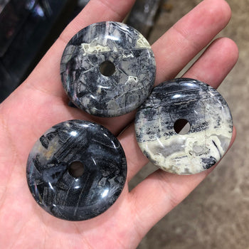 Black Leaf Jasper Donut Beads 25mm 40mm 1pc