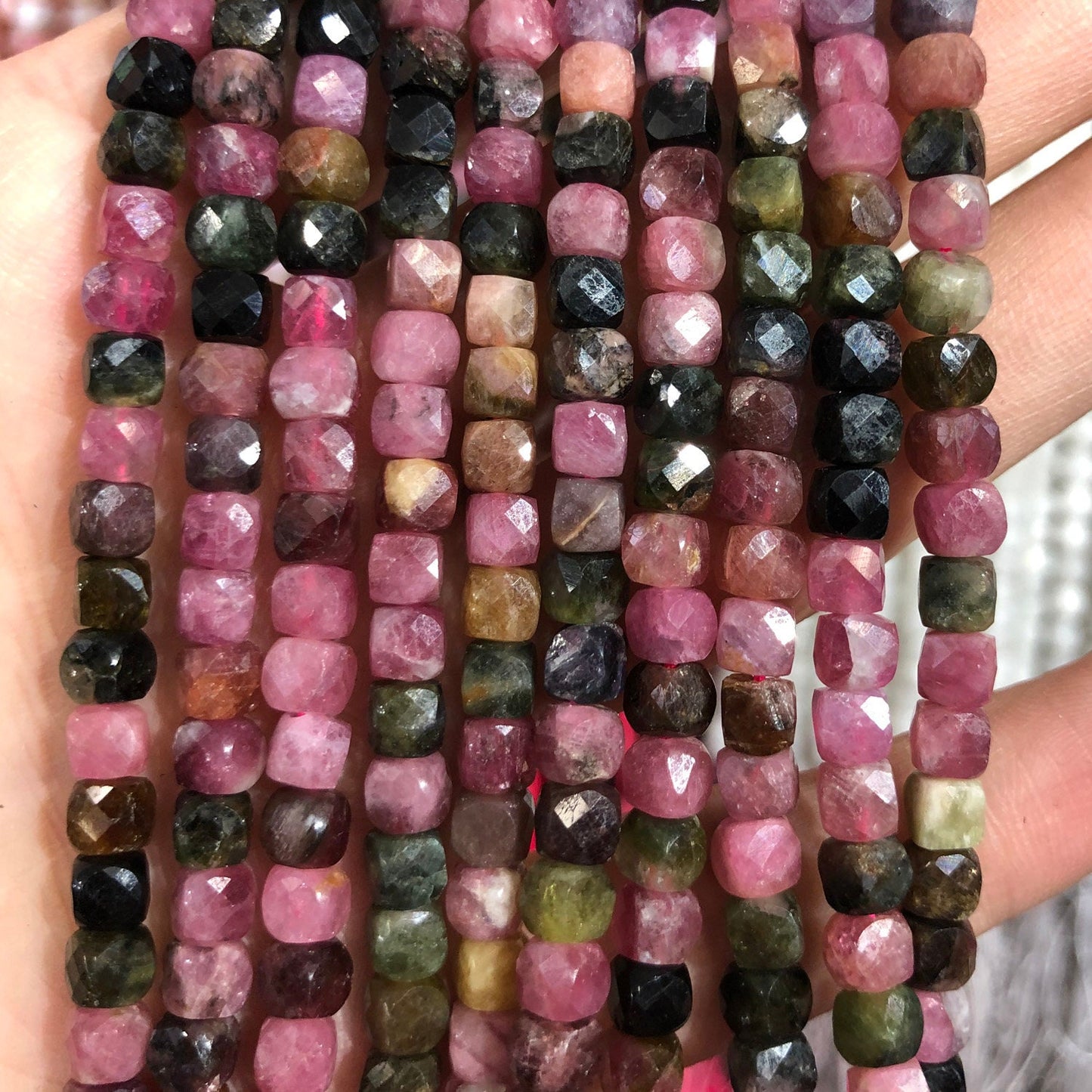 A+ Rainbow Tourmaline Cube Faceted Beads Natural Gemstone Beads  4mm-5mm 15''