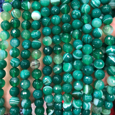 Perles à facettes en agate verte rayée 6 mm, 8 mm, 10 mm, 12 mm, 14 mm