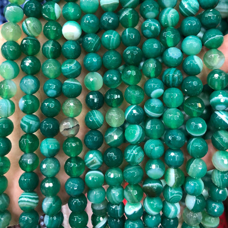 Perles à facettes en agate verte rayée 6 mm, 8 mm, 10 mm, 12 mm, 14 mm