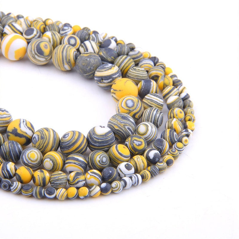 Perles de malachite mate à rayures jaunes 4 mm 6 mm 8 mm 10 mm 15''