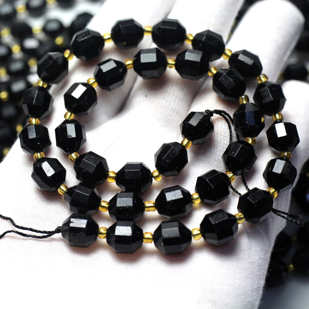 Black Tourmaline Tube Faceted Beads Natural Gemstone Beads  6mm 8mm 10mm 15''