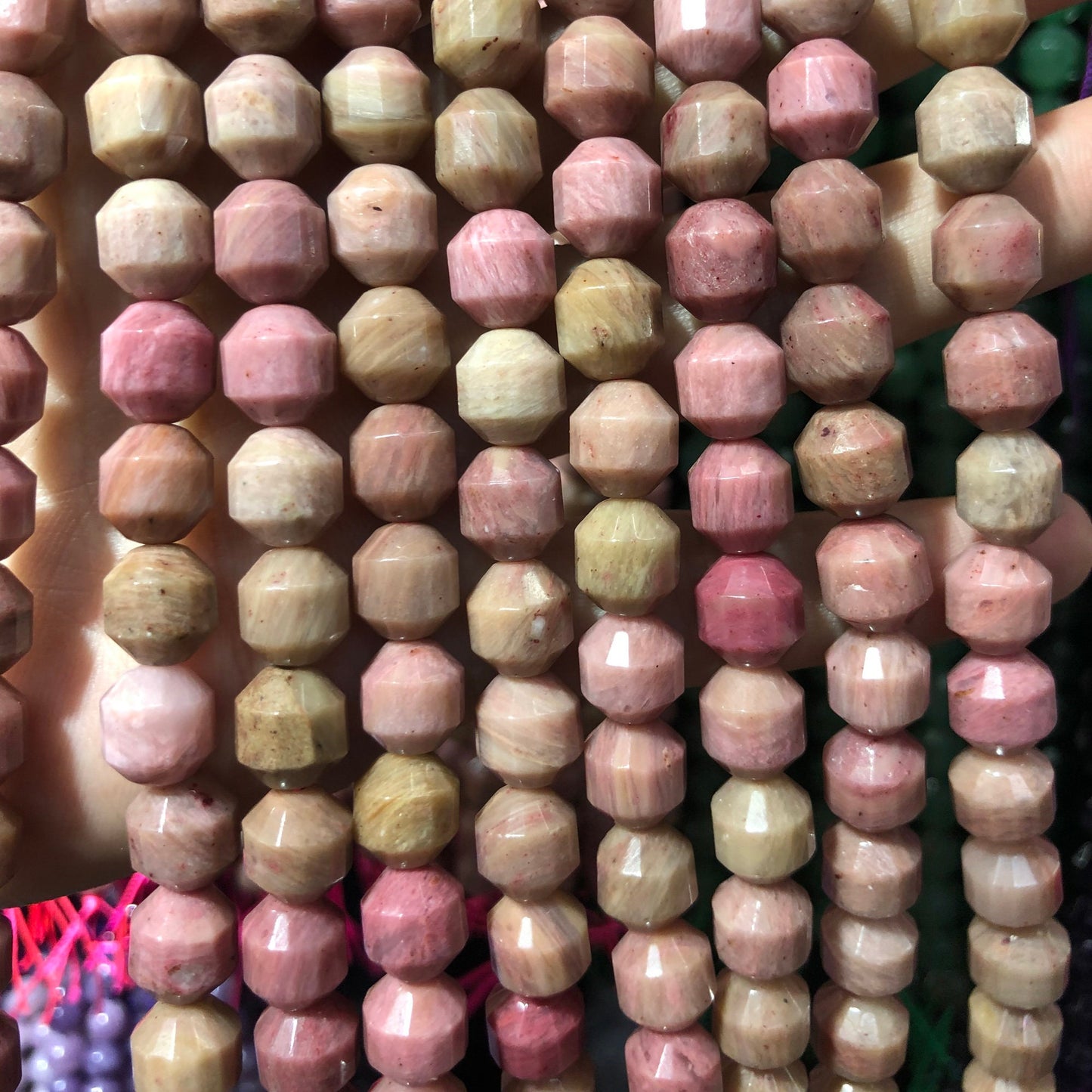 Rhodonite Faceted Tube Stone Beads 9-10mm 15''