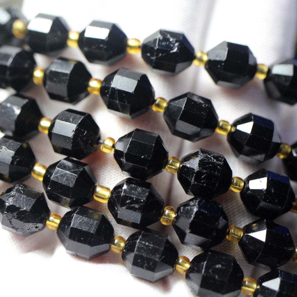 Perles à facettes en tourmaline noire, pierres précieuses naturelles, 6 mm, 8 mm, 10 mm, 15 pouces