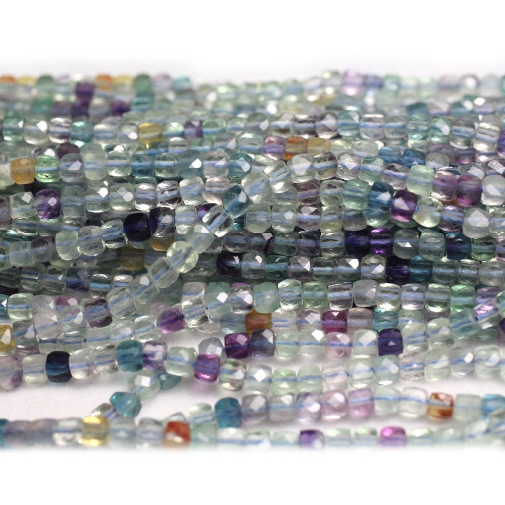 Rainbow Fluorite Cube Faceted Beads 4mm 15''