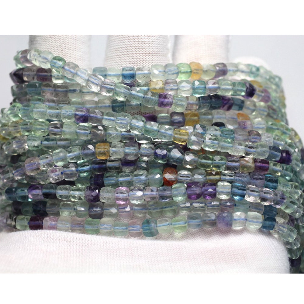 Rainbow Fluorite Cube Faceted Beads 4mm 15''