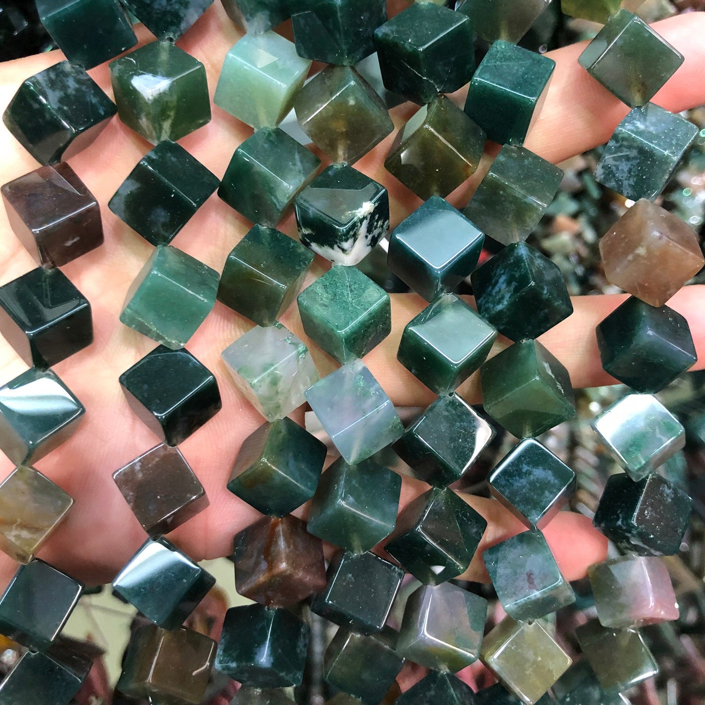 Moss Agate Cube Beads 8mm 10mm 15''
