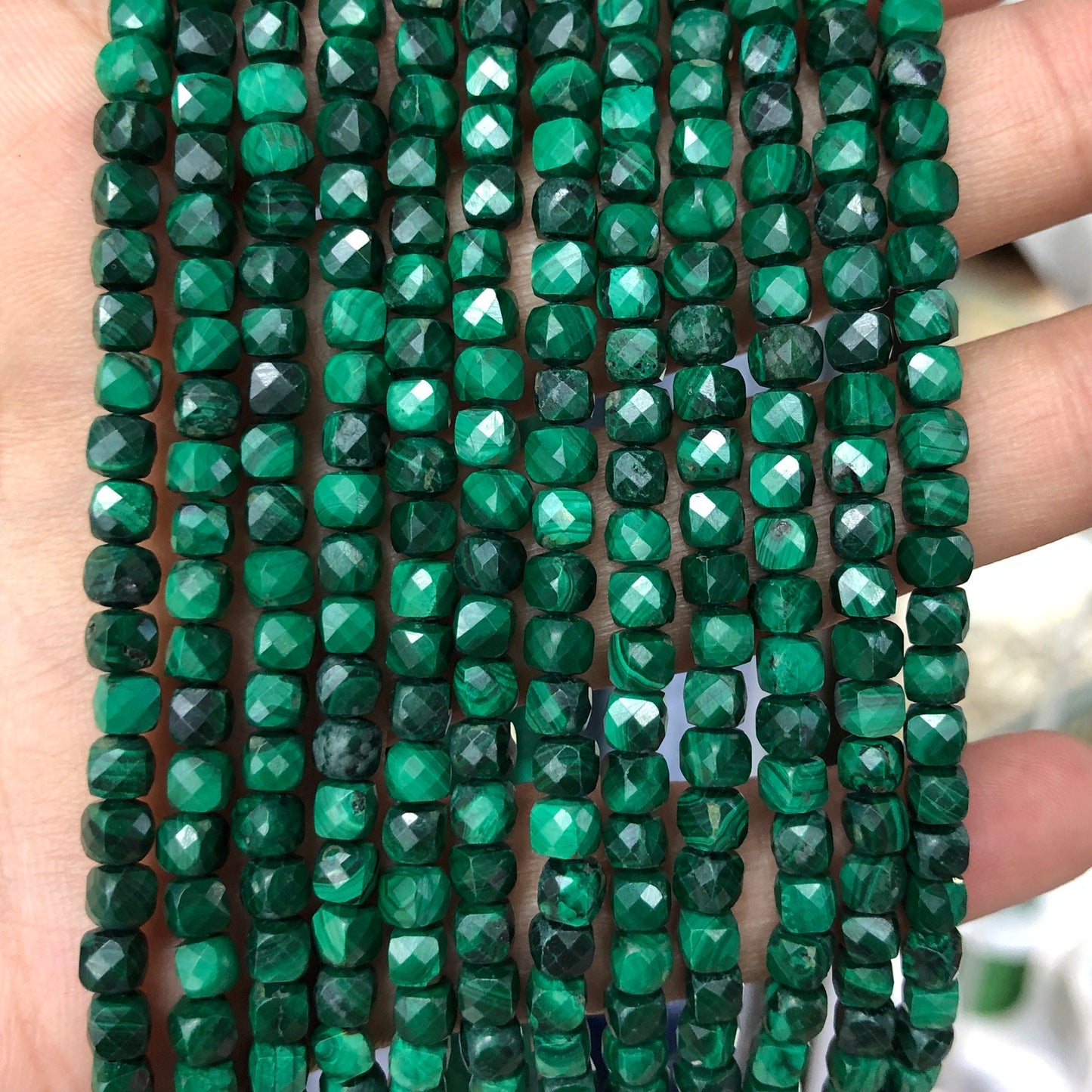 Genuine Malachite Faceted Cube Beads 4-5mm 15''