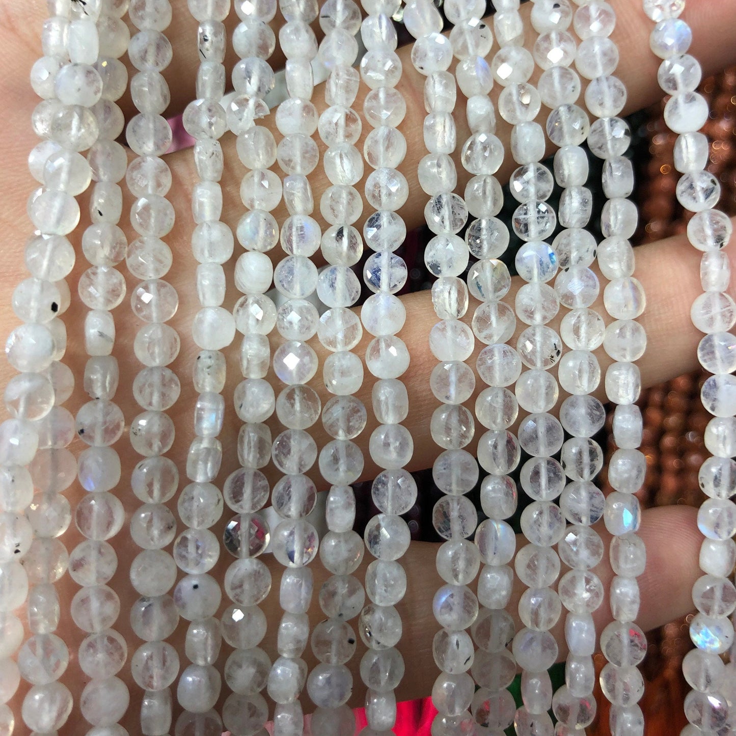 Blue Flash Moonstone Coin Faceted Beads 4mm 15''