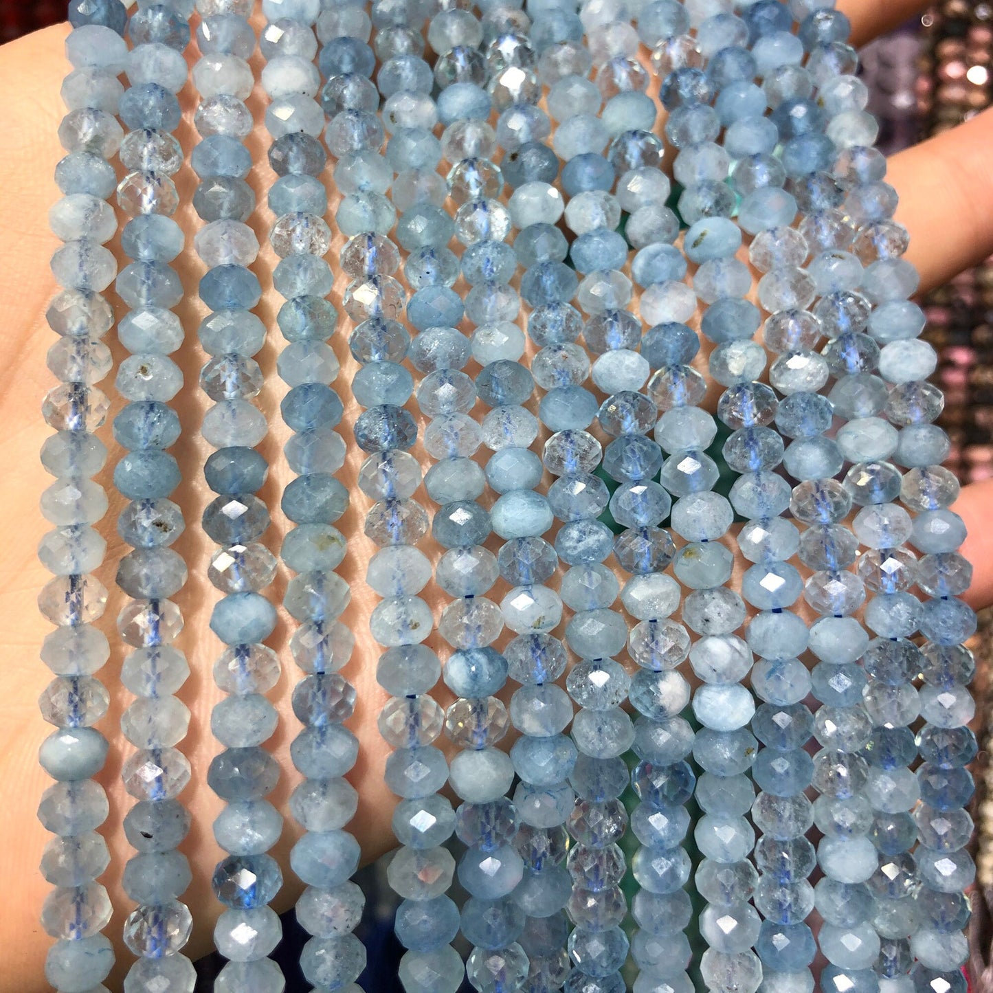 Blue Aquamarine Rondelle Faceted Beads 4x6mm 15''