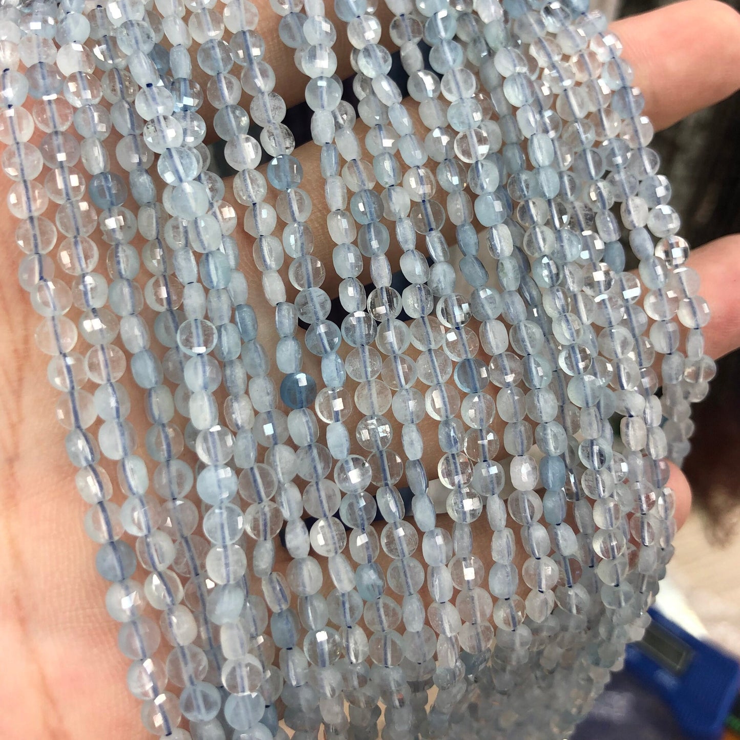 Aquamarine Coin Faceted Beads 4mm 15''