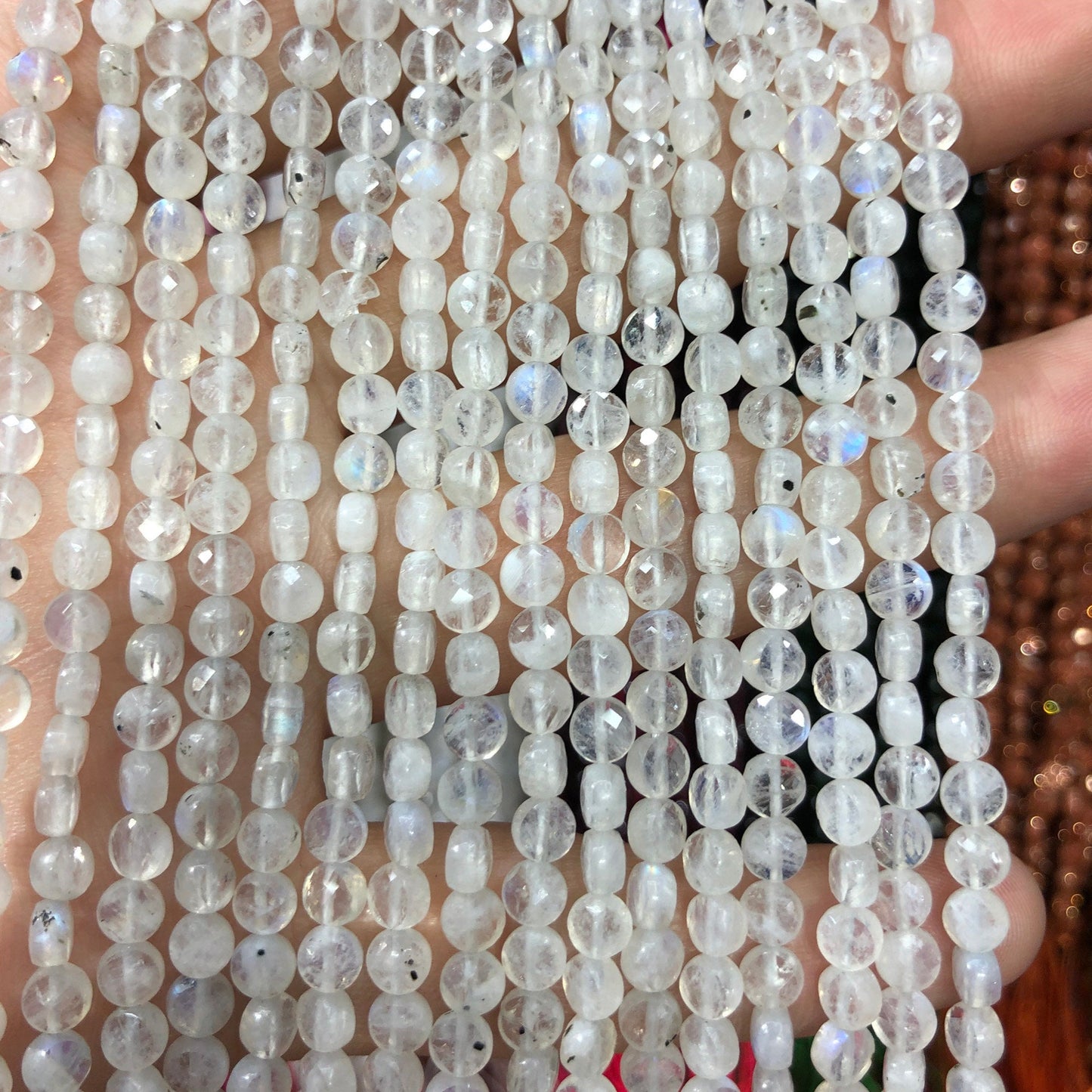 Blue Flash Moonstone Coin Faceted Beads 4mm 15''