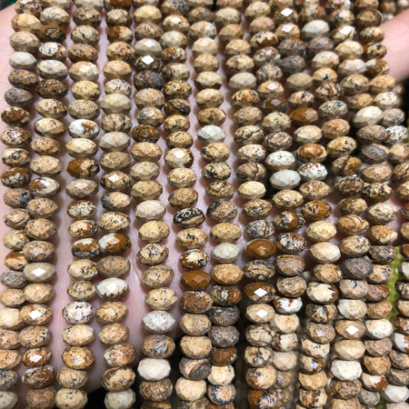 Perles à facettes en jaspe photo, rondelles 4 x 6 mm, 38 cm