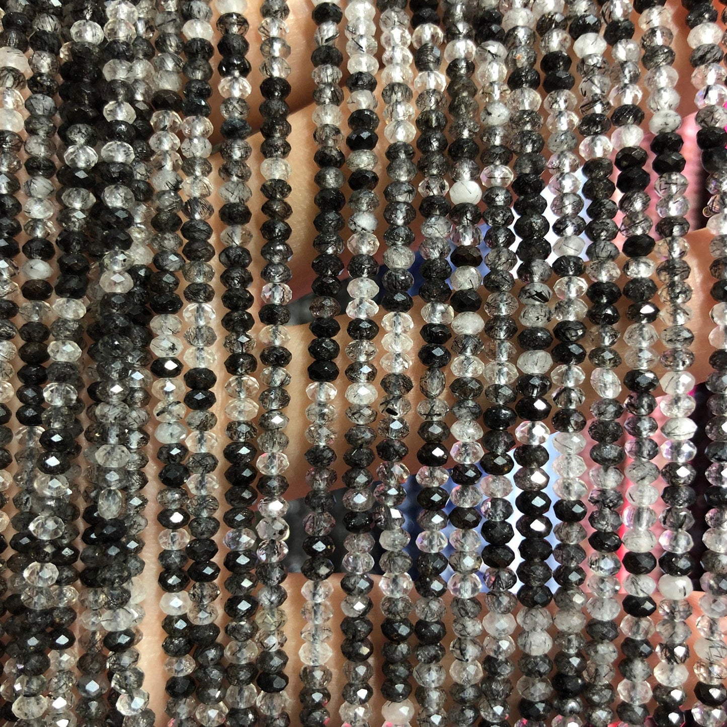 Black Rutilated Quartz Rondelle Faceted Beads  2x3mm 3x4mm 15''