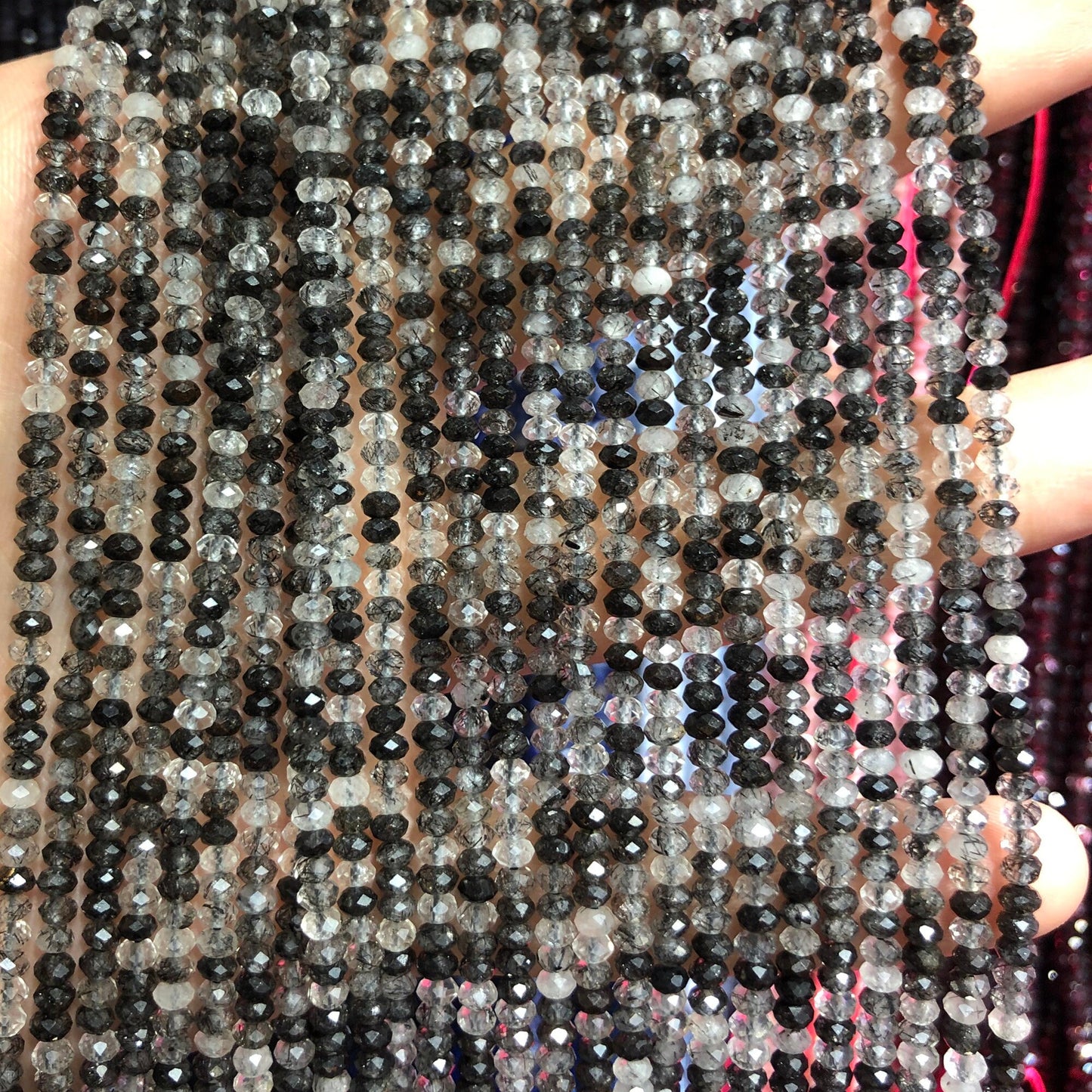 Black Rutilated Quartz Rondelle Faceted Beads  2x3mm 3x4mm 15''