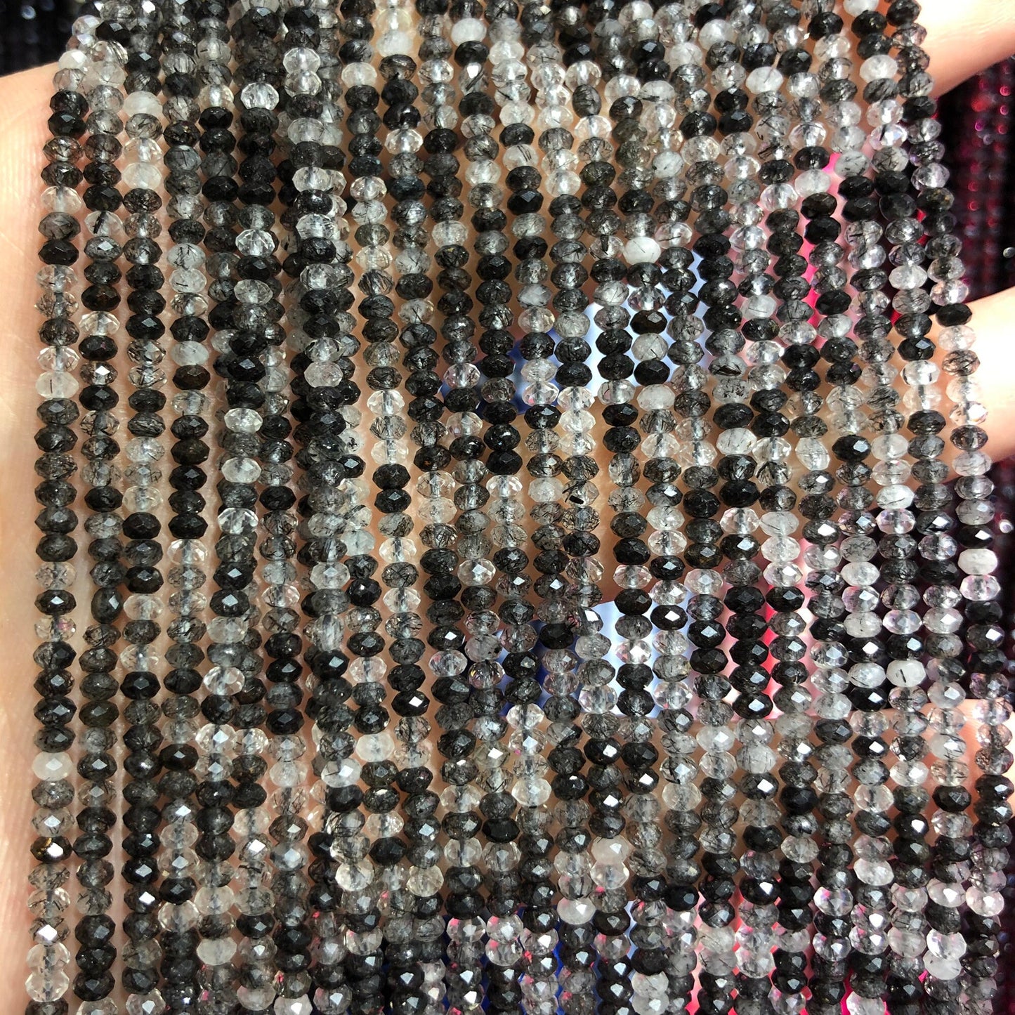 Black Rutilated Quartz Rondelle Faceted Beads  2x3mm 3x4mm 15''