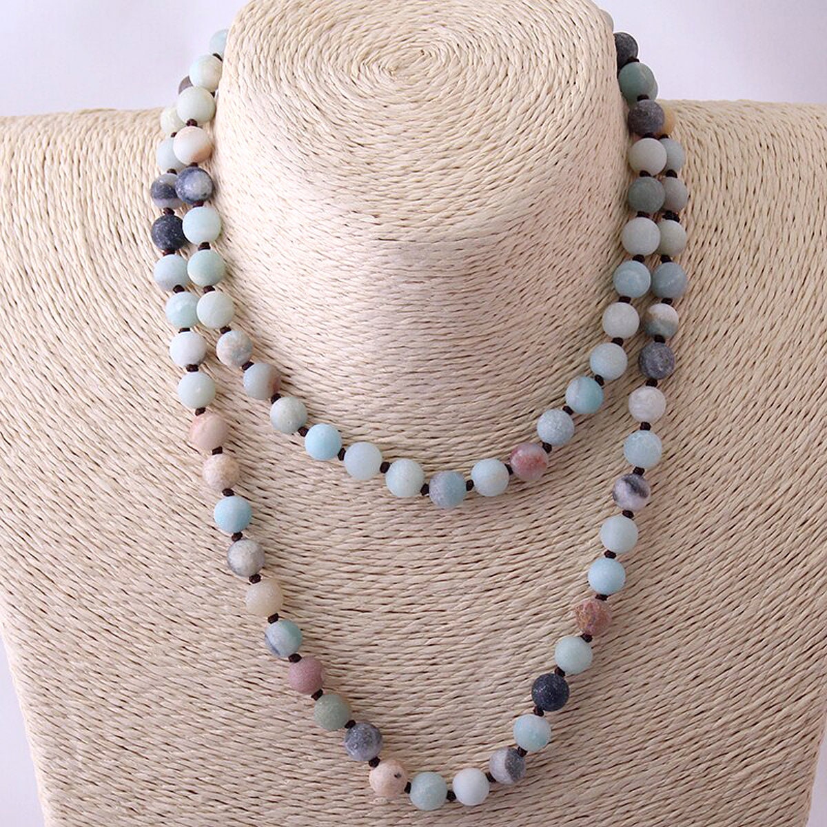 Matte Amazonite Necklace, Stone Knotted Necklace 8mm 30'' 34''