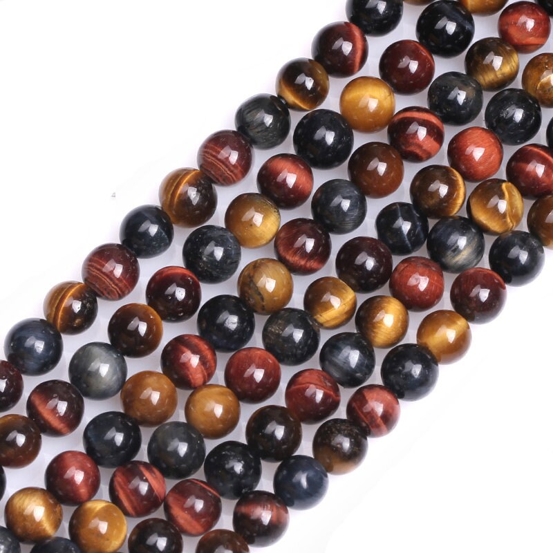 Perles en œil de tigre 3 couleurs, pierres précieuses naturelles, 6 mm, 8 mm, 10 mm, 12 mm, 14 mm, 38 cm