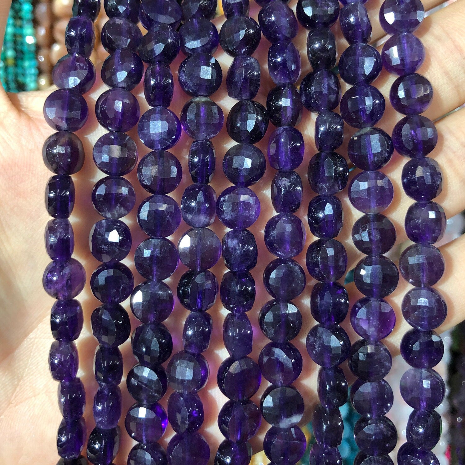 Amethyst Coin Faceted Beads 8mm 10mm 15''