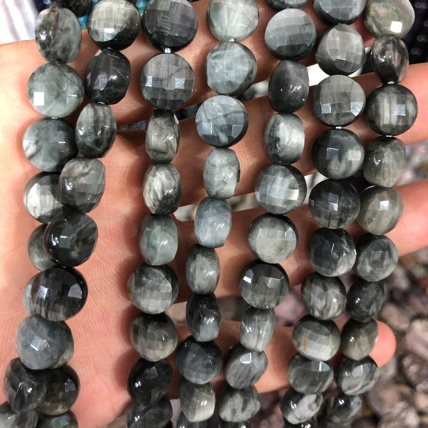 Hawk Eye Coin Faceted Beads 8mm 10mm 15''