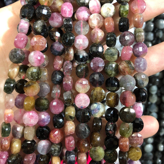 Rainbow Tourmaline Coin Faceted Beads Natural Gemstone Beads 8mm 15''