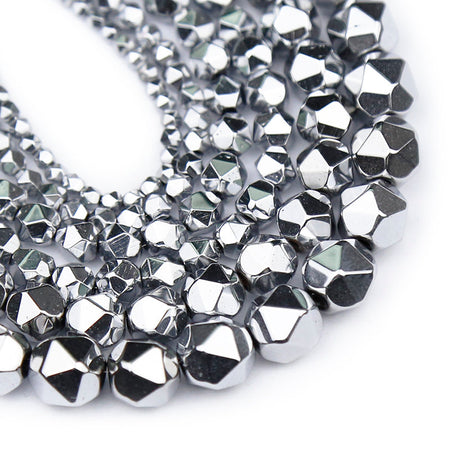Perles à facettes en hématite argentée 3 mm, 4 mm, 6 mm, 8 mm, 10 mm, 15 pouces