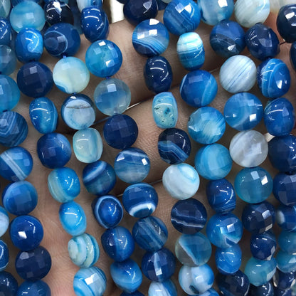 Blue Striped Agate Coin Faceted Beads 8mm 15