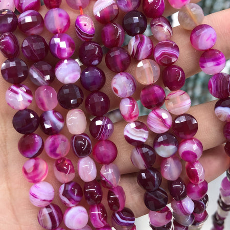 Pink Striped Agate Coin Faceted Beads 8mm 15