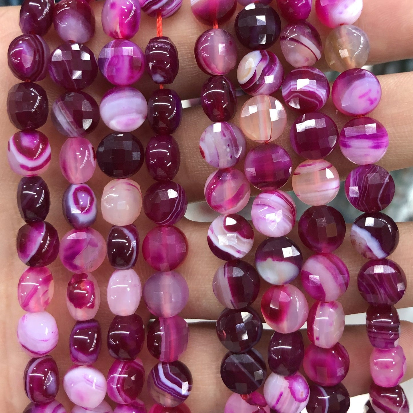 Pink Striped Agate Coin Faceted Beads 8mm 15