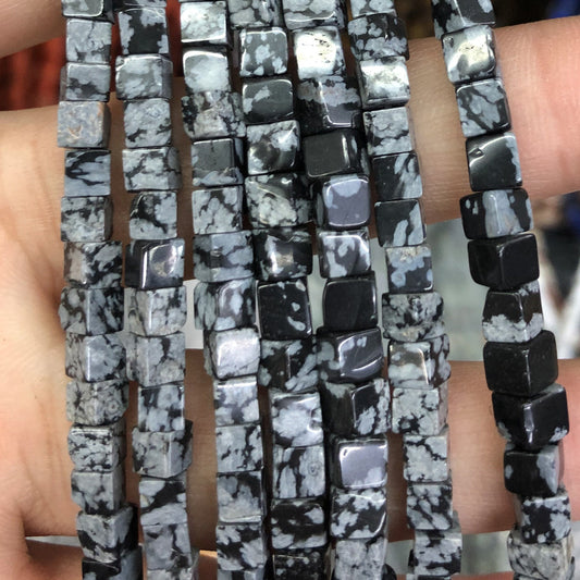 Snowflake Obsidian Cube Beads 4mm 15''