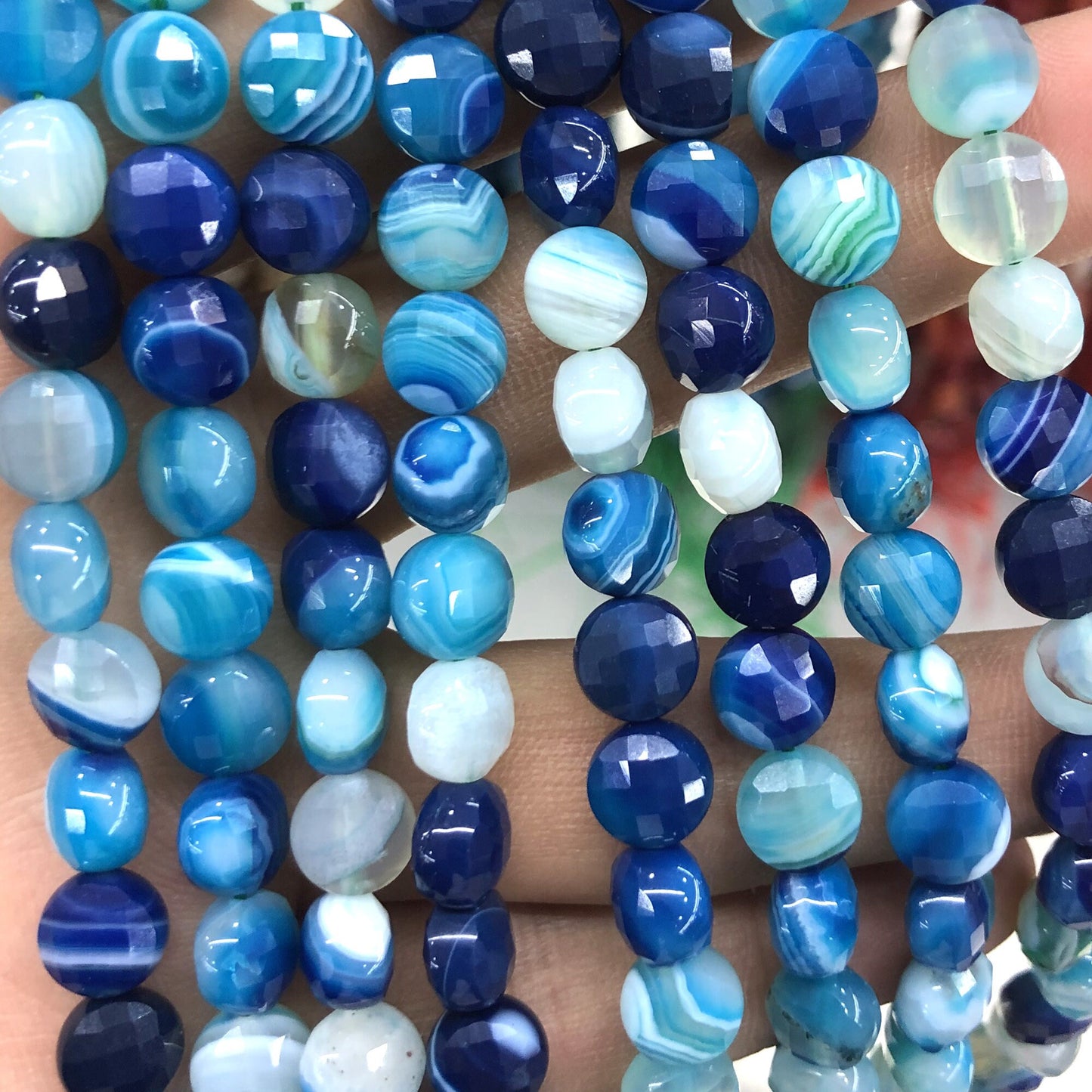 Blue Striped Agate Coin Faceted Beads 8mm 15