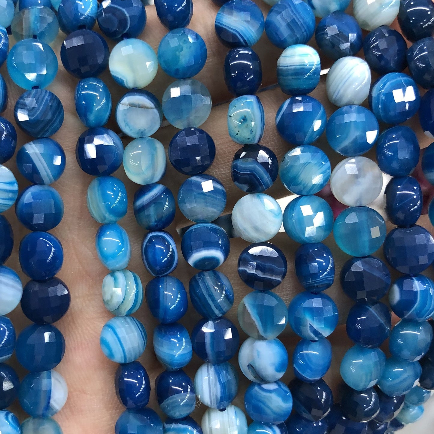 Blue Striped Agate Coin Faceted Beads 8mm 15