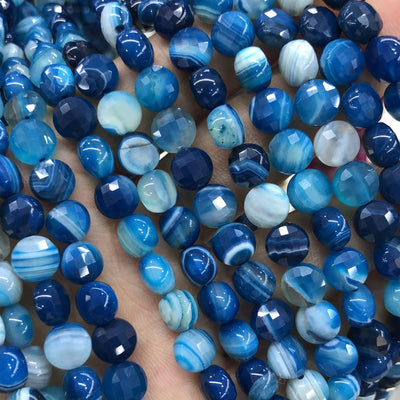 Blue Striped Agate Coin Faceted Beads 8mm 15