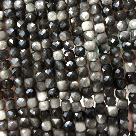 Silver Obsidian Cube Faceted Beads 4-5mm 15''