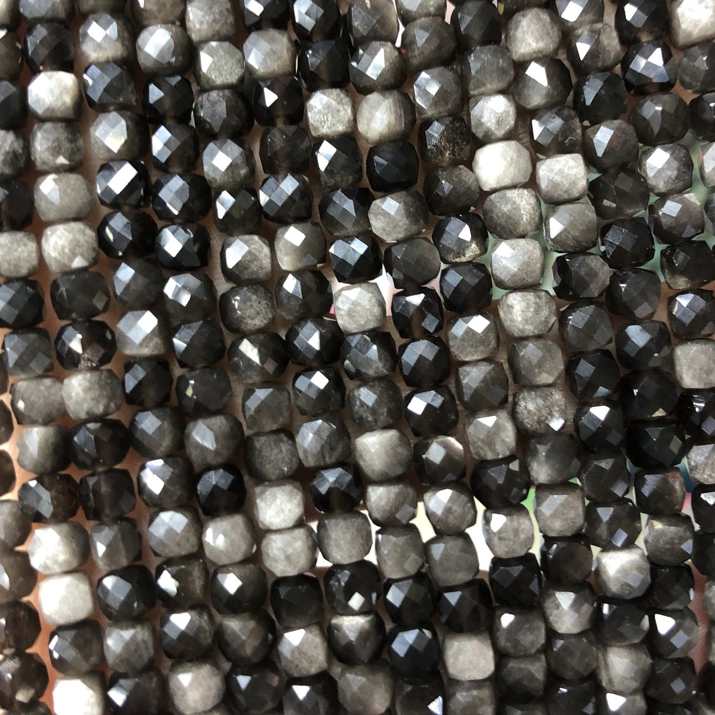 Silver Obsidian Cube Faceted Beads 4-5mm 15''