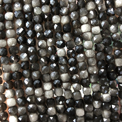 Silver Obsidian Cube Faceted Beads 4-5mm 15''