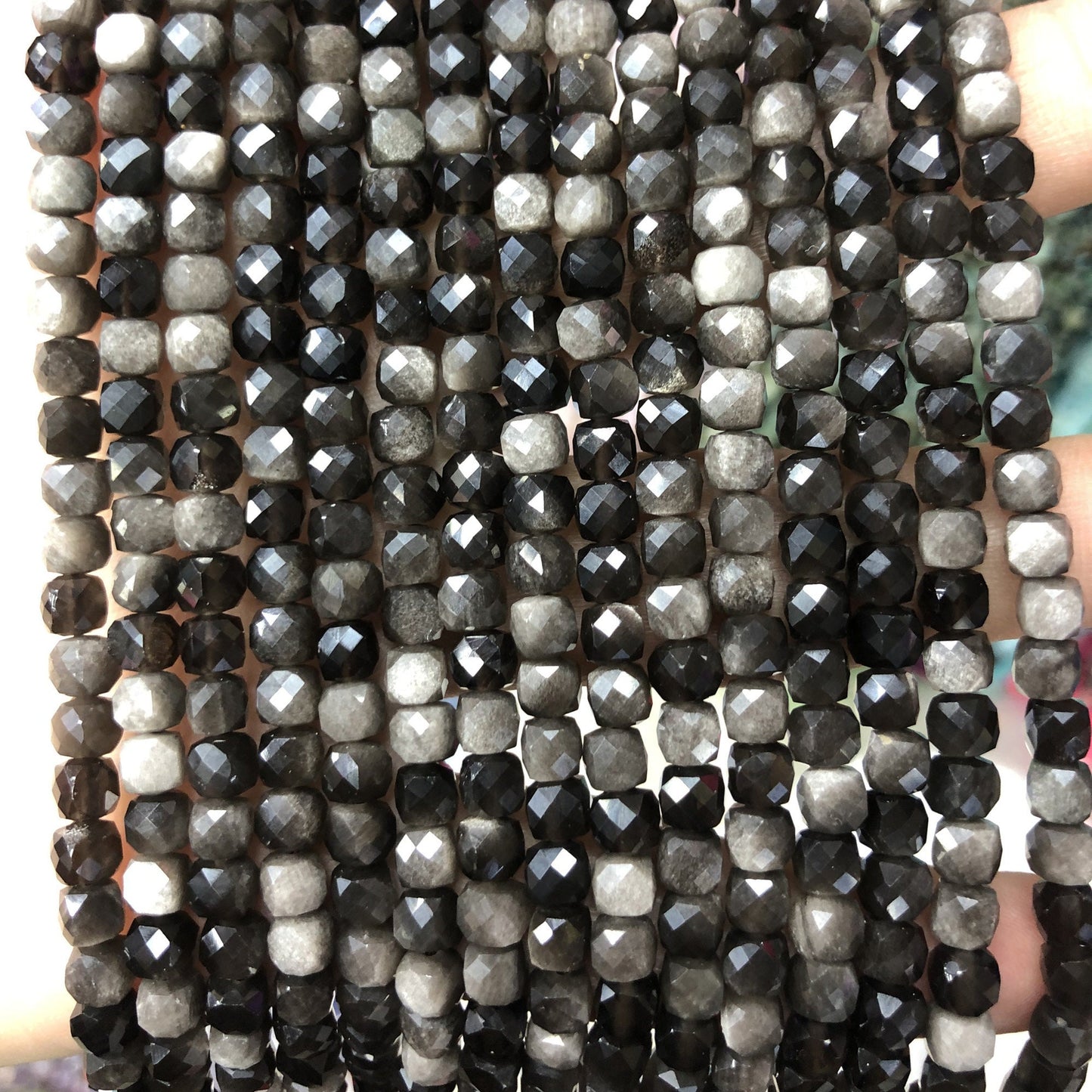 Silver Obsidian Cube Faceted Beads 4-5mm 15''