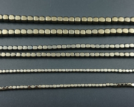 Light Gold Hematite Cube Beads 2mm 3mm 4mm 15''
